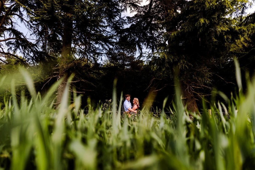 A couple embraces in the distance at Coombe Abbey, surrounded by lush green grass and tall trees. The foreground shows blurred blades of grass, adding depth to this enchanting pre-wedding scene.