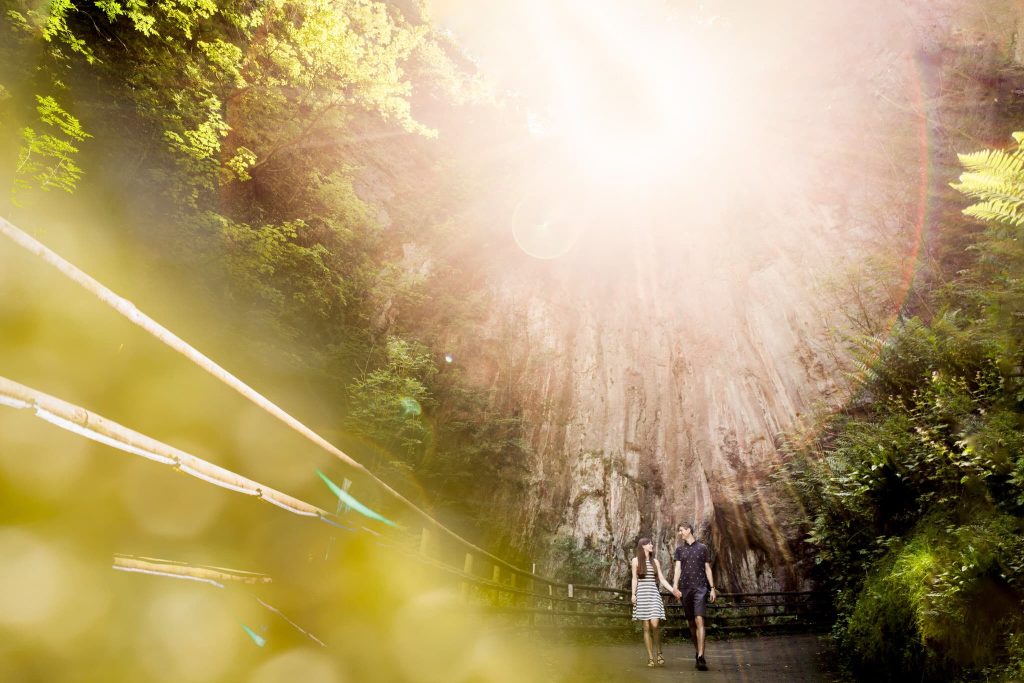 A couple holding hands walks along a pathway surrounded by lush greenery in the Peak District. Sunlight streams through the trees, creating a warm, glowing effect. The scene feels serene and picturesque, perfect for a pre-wedding moment.